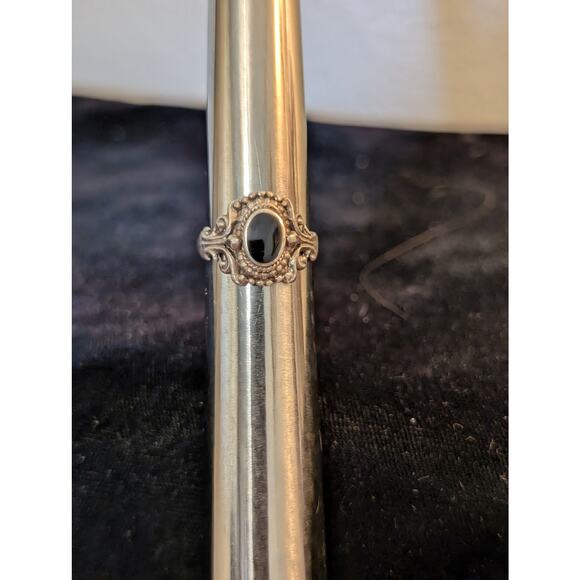 Vintage Bezel Set Black Onyx Beaded Design Sterling Silver Ring Size 5.25 - Picture 5 of 7